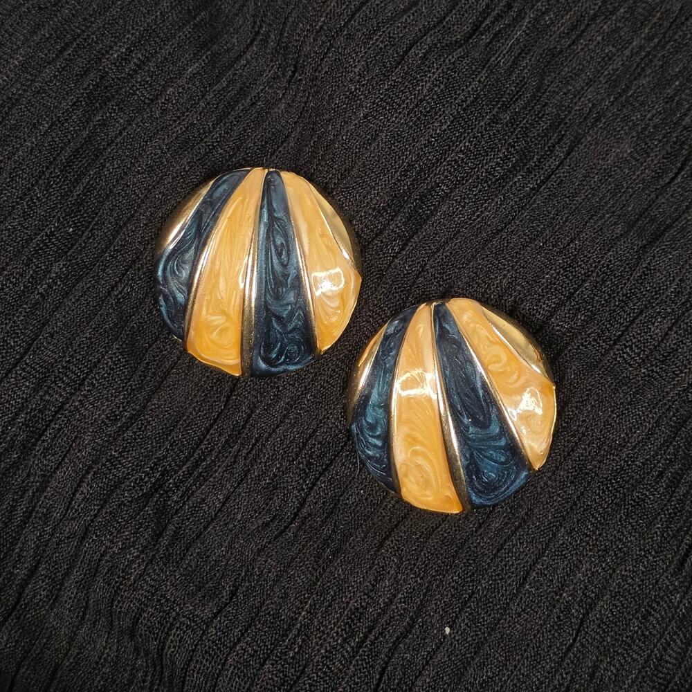 Vintage Blue Yellow Marbled Enamel Round Dome Earrings Gold Tone Statement Studs